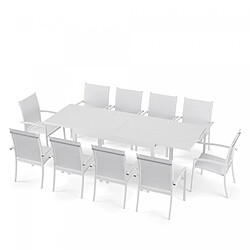 Avril Paris Table de jardin extensible aluminium 270cm + 10 fauteuils empilables textilène - blanc - ANDRA pas cher