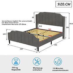 ComfortXL Lit Double En Velours Gris 140 X 200 Cm Avec Tête De Lit, Pied De Lit Et Sommier à Lattes pas cher