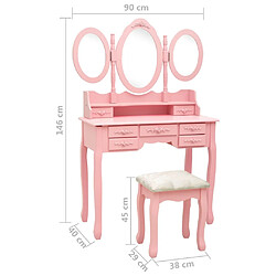 vidaXL Coiffeuse avec tabouret et miroir pliable en 3 Rose pas cher