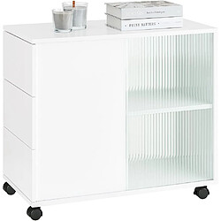 SoBuy Bout de Canapé, Table d'appoint Roulante, Table Basse, Table à Café avec 3 Tiroir, pour Salon, Bureau, Chambre, Bois et Verre, Blanc, L70xP35xH61cm, FBT141-W