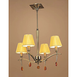 Luminaire Center Suspension Siena rond 4 Ampoules E14, laiton antique avec Abat jours crème ambré et ambre cristal