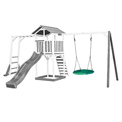 AXI Beach Tower Aire de Jeux avec Toboggan en gris, Cadre d'escalade, Balançoire Nid d'oiseau VERT & Bac à Sable | Grande Maison enfant extérieur en gris & BLANC | Cabane de Jeu en Bois FSC