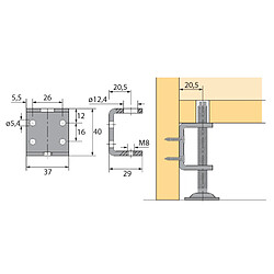 Equerre double - Filetage : M8 - Hauteur : 40 mm - HETTICH