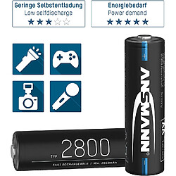 Pile ANSMANN AA type 2800mAh NiMH 1,2V - batt. rech. Mignon AA, haute capacité, idéale pour besoin de puissance élevé tel que voiture téléguidée, piano électrique, caméra de chasse, flash (lot de 4)