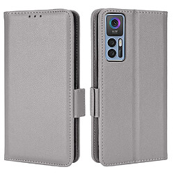 Etui en PU texture litchi, double fermoir magnétique avec support, gris pour votre TCL 30 4G/5G/TCL 30 +