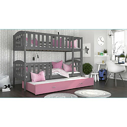 Kids Literie Lit Superposé 3 Places Teo 90x190 Gris - rose Livré avec sommiers, tiroir et matelas en mousse de 7cm pas cher