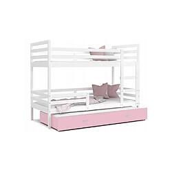 Kids Literie Lit Superposé 3 Places Milo 90x190 Blanc - rose Livré avec sommiers, tiroir et matelas en mousse de 7cm