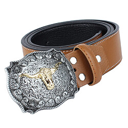 Acheter Ceinture En Cuir Western Cowboy Pour Homme Avec Boucle De Tête De Vache Arabesque Marron