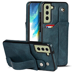 Coque en TPU + PU Fonction de blocage RFID avec béquille pour dragonne et porte-carte saphire pour votre Samsung Galaxy S21 FE 5G/S21 Fan Edition