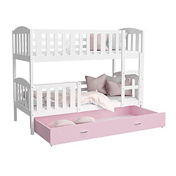 Kids Literie Lit Superposé Teo 90x190 Blanc - rose Livré avec sommiers, tiroir et matelas en mousse de 7cm