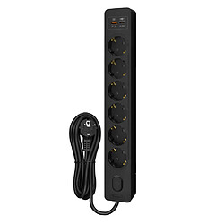 Null Multiprise SELDUR G6TH12S, 6 prises type F + interrupteur, USB A+C charge rapide 20W, Noir, câble 1.5m