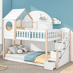 ComfortXL Lit Cabane Enfant Double, En Forme De Maison, Avec Échelle et Garde-Robe, Pin, 90x200Cm, Blanc