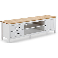 Pegane Meuble TV en pin massif décor ciré chêne et blanc, meuble de rangement - Longueur 158 x Profondeur 40 x Hauteur 47 cm