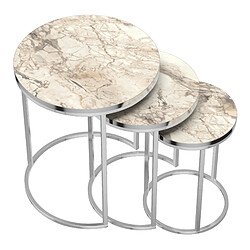 Helloshop26 Set de 3 tables d'appoint rondes gigognes marbre blanc argent 03_0008377