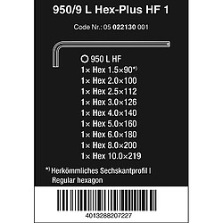 Wera 05022130001 950/9 L Hex-Plus HF 1 Jeu de clés mâles coudées, syst. métrique, chromées, avec fonction cde retenue, 9 pièces Mat, 9-teilig