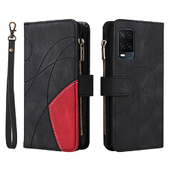 Etui en PU épissage bicolore avec porte-cartes et pochette à fermeture éclair, noir pour votre Oppo A55 5G/A54 4G/A16 4G/A54s/A16s/Realme V11 5G