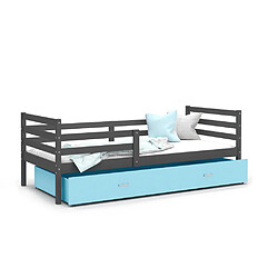 Kids Literie Lit Enfant Milo 90x190 Gris - bleu Livré avec sommiers, tiroir et matelas en mousse de 7cm