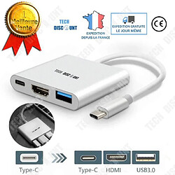 Tech Discount TD® Adaptateur USB 3 en 1 Multiport USB 3.1 type C-Thunderbolt 3 vers USB 3.0 + HDMI multisupport Macbook Chromebook, Gris PC