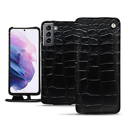 Housse cuir Samsung Galaxy S21 - Rabat vertical - Crocodile nero ( Noir / Black) - NOREVE