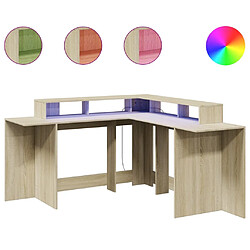 Helloshop26 Bureau table poste de travail meuble d'ordinateur informatique étude avec lumières LED chêne sonoma bois d'ingénierie brun 02_0023423