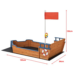 Avis Bac à sable Mestia de forme bâteau en bois avec banc rabattable et drapeau 136 x 193 x 94 cm [en.casa]