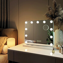 EMKE Miroir de maquillage Hollywood Miroir grossissant avec Ampoules LED Interrupteur tactile 3 couleurs dimmable Rotation à 360° - Cadre Blanc 47 x 38 cm