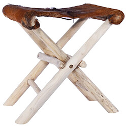 vidaXL Tabouret pliable Cuir véritable et bois de teck massif