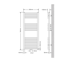 ECD Germany Sèche-Serviettes Sahara Non Électrique - 500 x 1200 mm - Blanc - Connexion Central - avec Kit de Raccordement Universal et Thermostat - Forme Courbé - Radiateur pour Salle de Bain