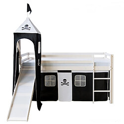 Decoshop26 Lit mezzanine 90x200cm avec échelle toboggan en bois blanc et toile noir pirate incluse LIT06154