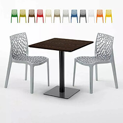 Grand Soleil Table carrée 70x70 plateau effet bois avec 2 chaises colorées Gruvyer Melon - Gris