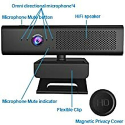 Caméra d'ordinateur Full HD 1080P avec 4 microphones omnidirectionnels intégrés et haut-parleur pour le streaming de vidéoconférence, webcam externe USB avec couvercle de confidentialité magnétique pour moniteur de bureau, ordinateur portable