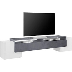 Alter Meuble TV de salon, Made in Italy, Meuble TV avec 3 portes et étagères, 210x45h45 cm, Blanc Brillant et Gris Frêne