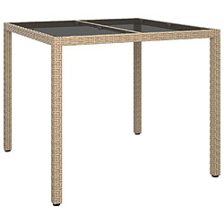 vidaXL Table de jardin 90x90x75cm Verre trempé et résine tressée Beige