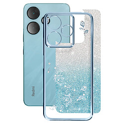 Avizar Coque Silicone pour Xiaomi Redmi 13 Motif Fleurs Pailletées et Strass Bleu Pâle