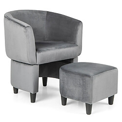 Helloshop26 Fauteuil tonneau rembourré en velours avec repose-pieds fauteuil d'appoint avec pouf cadre en bois massif patins en feutre antidérapants gris 20_0008594