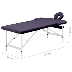 vidaXL Table de massage pliable 2 zones Aluminium Violet pas cher