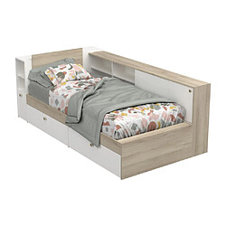 Vente-Unique Lit modulable 90 x 190/200 cm avec rangements - Blanc et naturel + Sommier + Matelas - LIARA pas cher