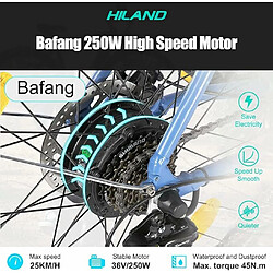 HILAND - Vélo électrique 250 W, moteur BAFANG conforme aux normes européennes, tout-terrain, 28 pouces, avec boîte de vitesses Shimano à 7 rapports, batterie 36 V intégrée, couleur : Bleu