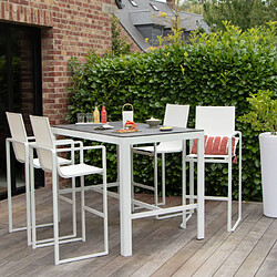 Wilsa Garden Ensemble BARSET en aluminium blanc avec plateau réversible coté pierre et coté verre et 4 chaises hautes en textilène 