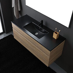 Kiamami Valentina MEUBLE DE SALLE DE BAIN CM120 EN CHÊNE ASPECT BOIS AVEC LAVABO NOIR MAT ET MIROIR | SOLE