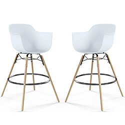 ICONIK INTERIOR Tabouret de Bar - Design Scandinave - Pieds en Bois - Lot de 2 - Nordika Blanc