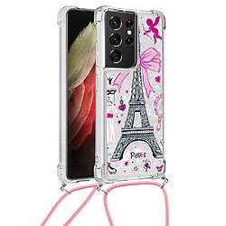 Coque en TPU motif sables mouvants pailletés avec cordon réglable Miroir/tour pour votre Samsung Galaxy S21 Ultra 5G