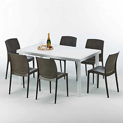 Avis Table Rectangulaire Blanche 150x90cm Avec 6 Chaises Colorées Grand Soleil Set Extérieur Bar Café Boheme SummerLIFE, Couleur: Marron