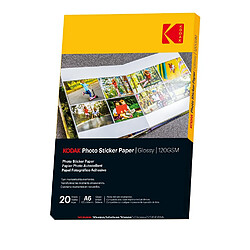 KODAK Photo Sticker Paper - Pack 20 feuilles papier photo A6 autocollant - Brillante - 120 gsm - Compatible imprimantes jet d'encre - Blanc