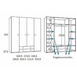 Inside 75 Armoire 4 portes 2 tiroirs 194,9 x 57,5 x 240 cm finition chêne blanchis