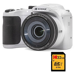 KODAK Pixpro Astro Zoom AZ255 + Carte Mémoire SD 32 Go - Appareil Photo Bridge Numérique 16 Mp, Zoom 25X, Video HD 1080p, Grand angle 24 mm, Ecran LCD 3, Pile AA - Blanc - Blanc