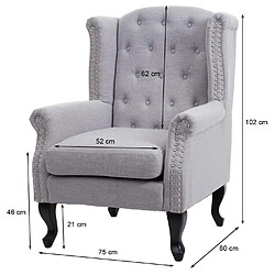 Mendler Fauteuil de luxe Chesterfield, fauteuil à oreilles, tissu hydrofuge ~ gris sans ottomane