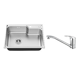 Auralum Max Évier Cuisine 1Bac 62*45*21CM,Inox PVD Nano Vasque à Poser,Argent+Robinet Cuisine,Orientable à 360°,Eau Chaude/ Froide,en Laiton,Chromé