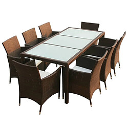 Maison Chic Mobilier à dîner 9 pcs de jardin avec coussins - Ensemble table et chaises d'extérieur - Salon/Mobilier de jardin classique Résine tressée Marron -MN50081