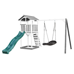 AXI Beach Tower Aire de Jeux BLANC avec Toboggan en VERT, Balançoire Nid d'oiseau Noir & Bac à Sable | Grande Maison Enfant extérieur en Gris & BLANC | Cabane de Jeu en Bois FSC